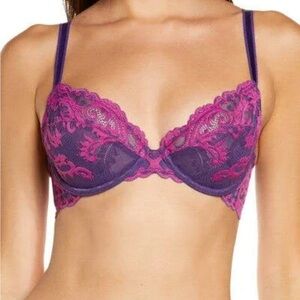 WACOAL Instant Icon 851322 Lace Underwire Bra 34D Purple Pink Embroidered